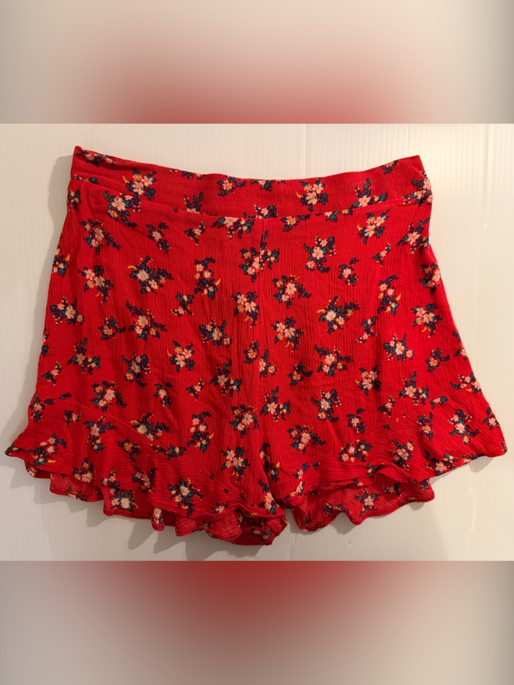 American Eagle Outfitters Red Floral Mini Skirt with Ruffle Hem